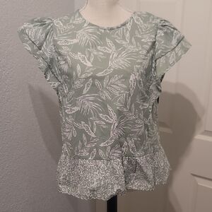 Angels Sage Green Leaf-Print Ruffle Sleeve Blouse